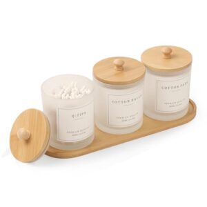 Badezimmer Organizer Set, Glas Wattestäbchen Behälter mit Bambus Tablett für Wattepads und Zahnseide Sticks