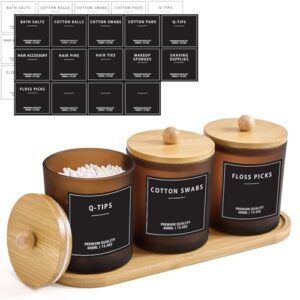 Eleganter Glas-Wattestäbchen-Behälter mit Bambus-Tablett und Aufbewahrung für Wattepads, Zahnseide-Sticks und Haargummis im Badezimmer