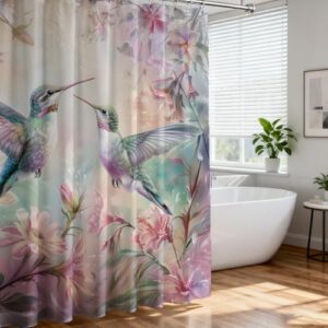 Natur Rosa Lila Duschvorhänge für Badezimmer - Hobbspring Kolibri Blumen Duschvorhang Set mit Haken 12 Pflanzen, Wasserdicht, quadratisch, 183x183cm, 1Stück