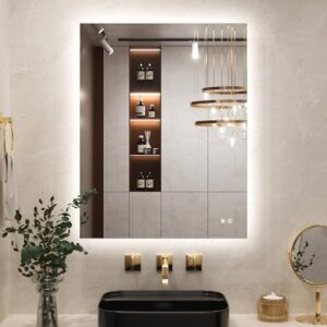Badezimmerspiegel mit Beschlagfrei Touch Schalter Speicherfunktion 3 Lichtfarben Dimmbarer LED Bad Spiegel Ohne Rahmen Badezimmer Wandspiegel