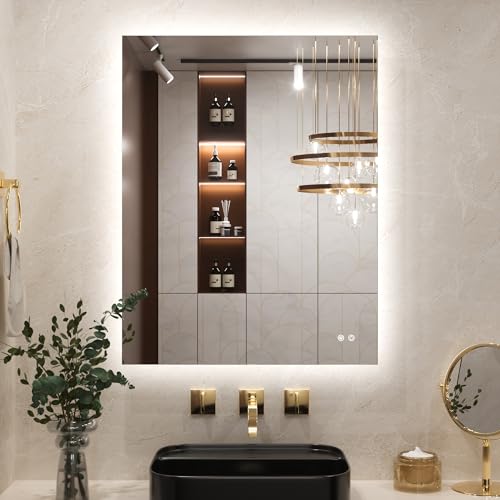 Badezimmerspiegel mit Beschlagfrei Touch Schalter Speicherfunktion 3 Lichtfarben Dimmbarer LED Bad Spiegel Ohne Rahmen Badezimmer Wandspiegel