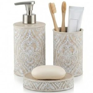 3-teiliges Badezimmer-Set mit Seifenspender, Zahnbürstenhalter und Seifenschale in floralem Reliefmuster - hochwertiger Polyresin - ideal für Einweihungen oder Hochzeiten