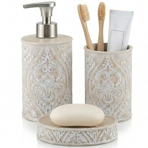 3-teiliges Badezimmer-Set mit Seifenspender, Zahnbürstenhalter und Seifenschale in floralem Reliefmuster - hochwertiger Polyresin - ideal für Einweihungen oder Hochzeiten