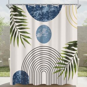 Duschvorhang 180x200 cm Blau Blätter Linie, Beschwerter Saum Antischimmel Textil, Wasserabweisend, Waschbar Polyester Badevorhänge mit 12 Ösen und Duschvorhangringen für Badezimmer, Badewanne
