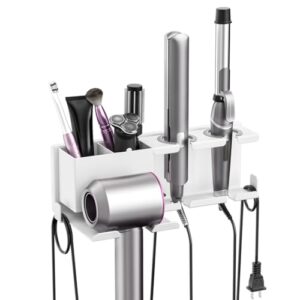 Fönhalter für Föhn, Lockenstab und Glätteisen auf einer weißen Wandhalterung. Robuste Metall-Konstruktion, einfach zu montieren.