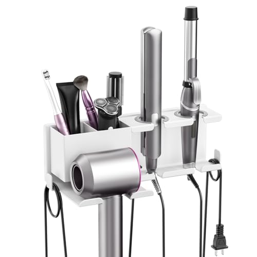 Fönhalter für Föhn, Lockenstab und Glätteisen auf einer weißen Wandhalterung. Robuste Metall-Konstruktion, einfach zu montieren.