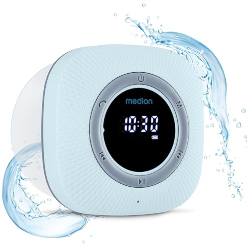 Medion S66884 Duschradio mit Bluetooth, Badradio, UKW Radio und LED-Display, IPX6 wasserdicht und integrierter Akku in blauer Farbe