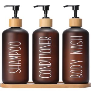 MOMEEMO Amber Duschspender-Set mit 3 extra dicken PET-Kunststoffflaschen und Bambus-Pumpen, perfekt für moderne Badezimmerdekor