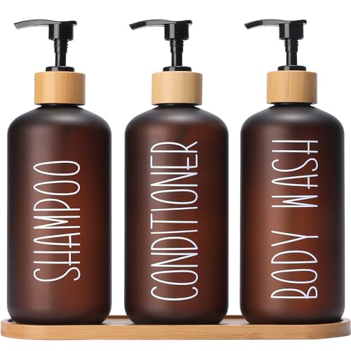 MOMEEMO Amber Duschspender-Set mit 3 extra dicken PET-Kunststoffflaschen und Bambus-Pumpen, perfekt für moderne Badezimmerdekor