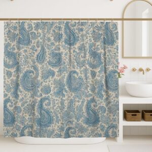 Paisleymuster-Duschvorhang, blau-beige mit Blumenmuster, Badezimmer-Dekor für Frühling und Sommer, wasserdichter Stoff-Duschvorhang mit Haken