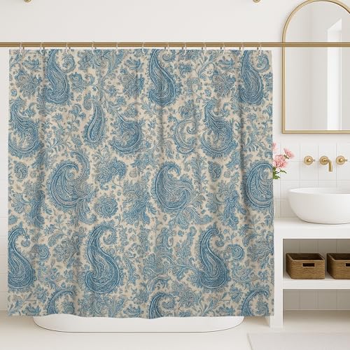 Paisleymuster-Duschvorhang, blau-beige mit Blumenmuster, Badezimmer-Dekor für Frühling und Sommer, wasserdichter Stoff-Duschvorhang mit Haken