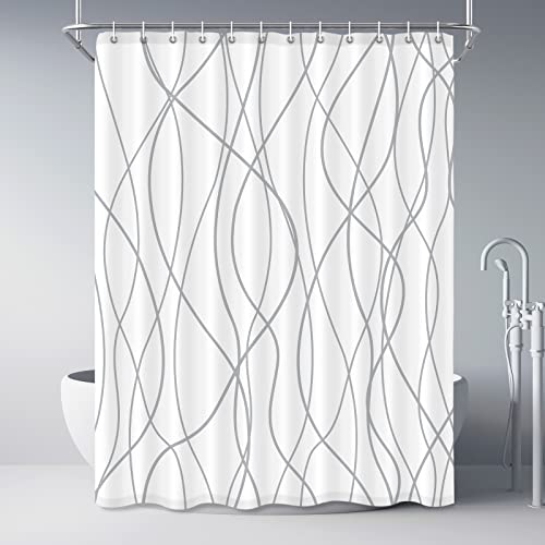 Punkray Duschvorhang aus hochwertigem Polyester, grau und weiß gestreift, extra lang 213 cm, wasserdicht, Hotel-Stil