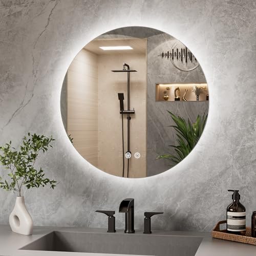 Runder Badspiegel mit Beleuchtung, 60cm Durchmesser, IP44, antibeschlag, LED-Badspiegel mit Dimmfunktion, Speicherfunktion, für Badezimmerwand