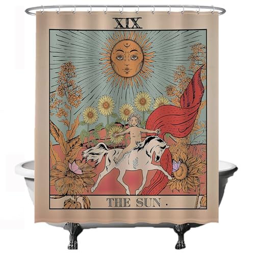 Ein vintage-stiliger Duschvorhang mit Sonne, Natur und Blumenmotiven. Geeignet für Badewanne oder Dusche. 180 x 200 cm groß, waschbar, anti-schimmel und wasserdicht.
