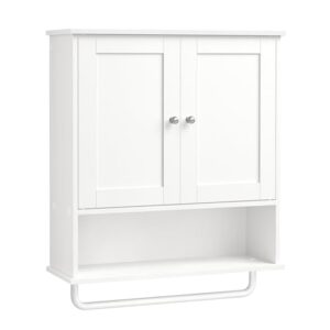 VASAGLE Siren Collection BBK149WB01 Hängeschrank mit Handtuchstange, Wandschrank mit offenem Regal und verstellbaren Türen, rustikaler Stil, Wolkenweiß für Badezimmer oder Wohnraum