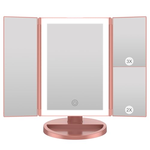 Schminkspiegel mit Beleuchtung, 1X/2X/3X Vergrößerung, LED-Beleuchtung und Touchscreen für Kosmetik-Behandlungen
