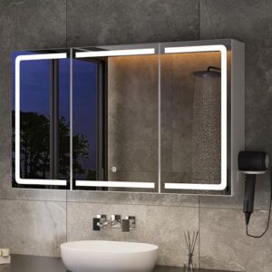 Spiegelschrank für Badezimmer mit LED-Beleuchtung, verstellbaren Spiegelteilen und Steckdose