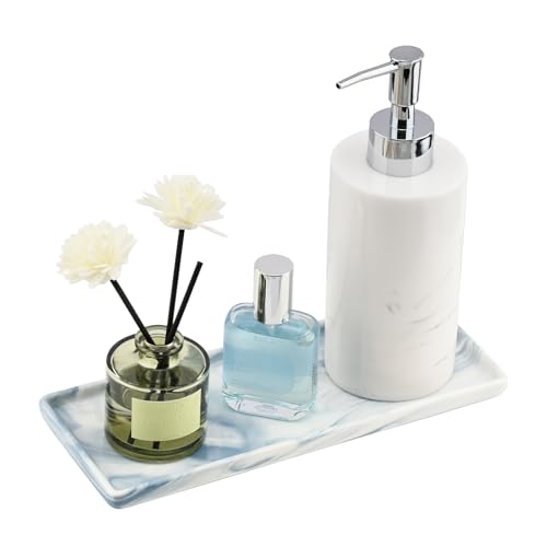 Keramik Badezimmer Tablett, Deko Tablett Länglich, Badezimmertablett Rechteckig mit Ablageschale für Waschbecken, Bathroom Tray und Schmuckablage für Seifenspender, Kerzen und Kosmetik
