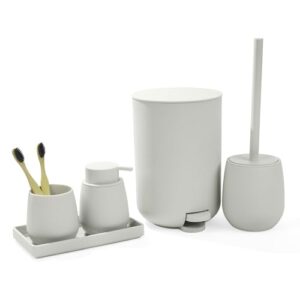 Badezimmer-Set mit Seifenspender, Zahnputzbecher, Mülleimer und Tablett in Beige-Matt-Finish, modernes Badausstattung-Sets Organizer für ein effizientes Badezimmer