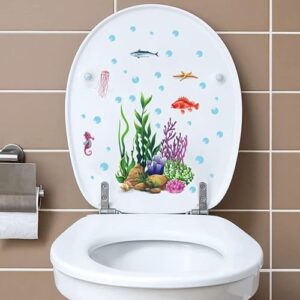 2 Stück wasserdichte und selbstklebende Deko Aufkleber für WC Deckel, Toiletten Aufkleber mit Korallen, Sternfischen und Fischen in Badezimmer Dekoration, tropische Atmosphäre