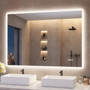 Badspiegel mit Beleuchtung, Bluetooth-Badezimmer-Spiegel mit Entfoggen, 3 Farben, Dimmbar, Speicherfunktion, Gefärbtes Glas, IP44 Wasserdicht, Horizontal/Vertikal