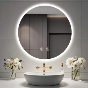Badezimmerspiegel mit integrierter Beleuchtung, rund 70 cm groß, mit Touch-Schalter und Speicherfunktion für beste Reflexion im Badezimmer