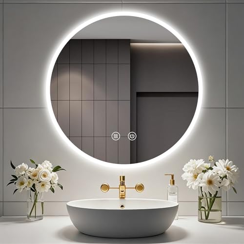 Badezimmerspiegel mit integrierter Beleuchtung, rund 70 cm groß, mit Touch-Schalter und Speicherfunktion für beste Reflexion im Badezimmer