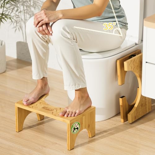 Natürlicher Klappbarer Badhocker mit Anti-Rutsch-Pads, Ergonomischer WC Hocker für Badezimmer, Klohocker Faltbarer für Hämorrhoiden Verstopfung Blähungen