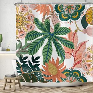 Boho Blumen Duschvorhang 180x180 cm, Abstrakt Grün Tropische Pflanzen Rosa Blumen Waschbar Bad Duschvorhang aus Polyester Textil Wasserdicht
