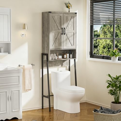 BonVache Holz Toilettenregal mit Türen, Badezimmerregal mit 6 Ablageflächen, Regalen für kleine Waschmaschinen, Toilettenschrank für Badezimmer