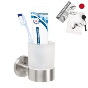 Glasbecherhalter für Zahnputzartikel aus satiniertem Glas und Edelstahl matt, Wandhalterung und Klebeset enthalten, Zahnbürstenhalter für ein sauberes Badezimmer
