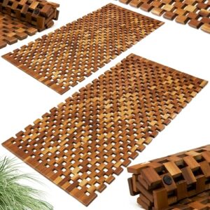 Deuba 2X Badvorleger aus Holz, fächerförmige Gummistopper, perfekt für Badezimmer und Sauna