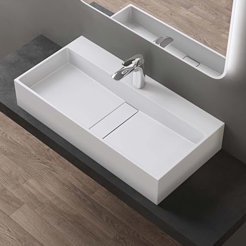 Doporro Waschbecken Aufsatzwaschbecken 80x40x14 cm, Hängewaschbecken in Weiß matt aus Mineralguss Waschtisch mit Armaturloch