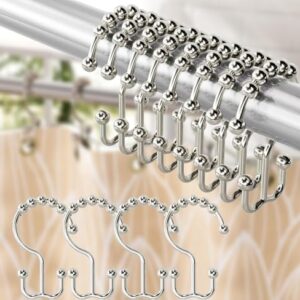 Duschvorhanghaken Ringe Set, 12 Stück, rostbeständige Metall-Doppelgleiter-Haken für Badezimmer-Duschstangen, glatte Rollkugeln, Nickel
