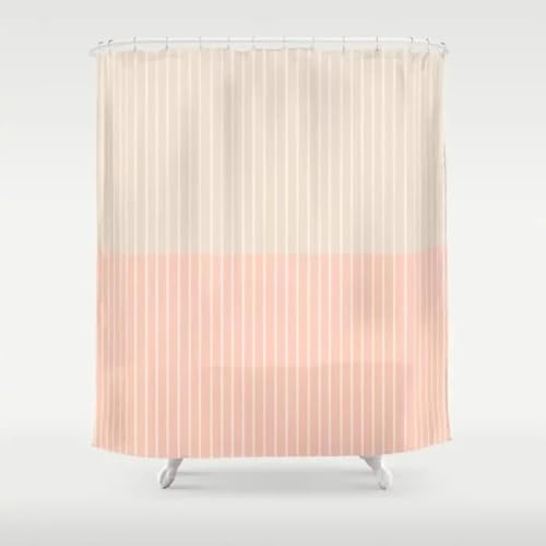 Duschvorhang mit beige-rotem Streifenmotiv, ideal für moderne Badezimmer. 240x200 cm groß, aus hochwertigem Textil hergestellt, anti-schimmel und wasserdicht.
