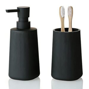 GAHEFY 2-teiliges Badezimmer-Accessoire-Set, Seifenspender mit 250 ml und Zahnputzbecher, modernes Rillen-Design aus ABS-Kunststoff für Waschbecken und Badablage (Schwarz)