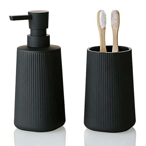 GAHEFY 2-teiliges Badezimmer-Accessoire-Set, Seifenspender mit 250 ml und Zahnputzbecher, modernes Rillen-Design aus ABS-Kunststoff für Waschbecken und Badablage (Schwarz)