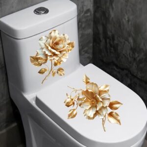 Goldene Blumen Toilettendeckel Aufkleber, WC-Deckelaufkleber, Wasserdichte Selbstklebende Badezimmer Wanddekoration