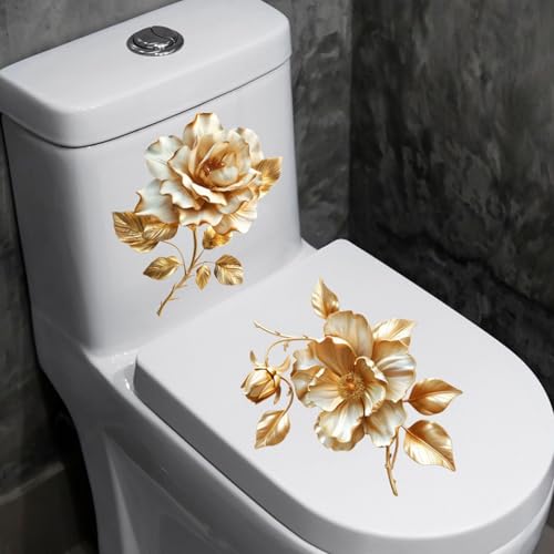Goldene Blumen Toilettendeckel Aufkleber, WC-Deckelaufkleber, Wasserdichte Selbstklebende Badezimmer Wanddekoration