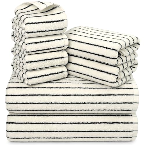 Jacquotha 8-teiliges Handtuch-Set aus superweicher und saugfähiger Baumwolle für Badezimmer, gestreift in Schwarz und Weiß