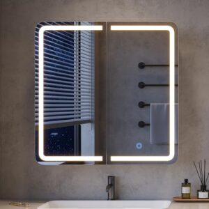 MoJiasion 2-türiger Spiegelschrank mit LED-Beleuchtung und Touch-Sensor für das Badezimmer, grauer Schrank mit Spiegel und Beleuchtungsfunktion