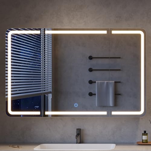 Mojiasion 3-türiger Spiegelschrank für das Bad mit 360° Rundumsicht, LED-Licht, Touch-Sensor und integrierter Ladestation