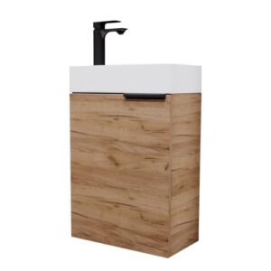 Planetmöbel Waschtisch mit Unterschrank 40 cm, Badmöbel-Set mit Waschbecken für kleine Bäder und Gäste-WCs, gold Eiche (inkl. Armatur schwarz matt)