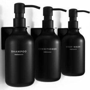 Schön gestaltetes 3er-Set für das Badezimmer, besteht aus einem Bohrfreien Duschseifenspender, drei schwarzen PET-Kunststoff-Flaschen mit jeweils 500 ml Füllmenge und wasserdichten Etiketten. Ideal für Shampoo, Conditioner und Körperwaschspender.