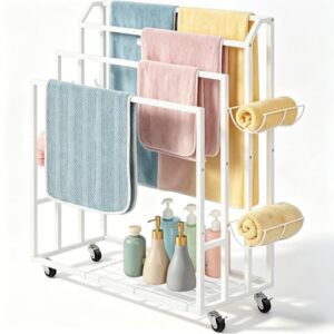 Praktischer und stylischer Handtuchhalter für Badezimmer, Wohnzimmer oder Balkon - 6 Haken, 3 Ablagen, Handtuchständer freistehend für tägliche Bedürfnisse