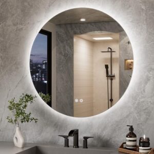 TETOTE Badspiegel mit Beleuchtung, Rund Badezimmerspiegel, LED-Badspiegel mit 3 Lichtfarben und Dimmbarkeit, Antibeschlag, Speicherfunktion, IP44