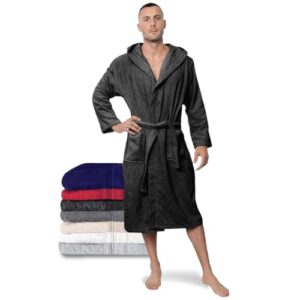 Twinzen Bademantel Herren - L - Dunkelgrau - 100% Baumwolle (350g/m²) OEKO-TEX Zertifiziert - Bademantel mit Kapuze, 2 Taschen, Gürtel