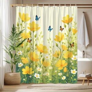 Wasserdichter Duschvorhang mit gelben Blumen, weißen Blüten und Schmetterlingen für Badezimmer - TYHKXAI Duschvorhang mit Haken (260 x 160 cm/B x H)