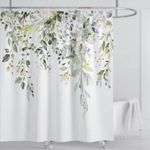 Smaragdgrüner Eukalyptus-Duschvorhangstoff mit Aquarell-Pflanzenblättern und floralem Badezimmer-Set mit Haken, Maße 102x225cm/BxH