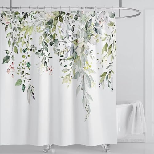 Smaragdgrüner Eukalyptus-Duschvorhangstoff mit Aquarell-Pflanzenblättern und floralem Badezimmer-Set mit Haken, Maße 102x225cm/BxH